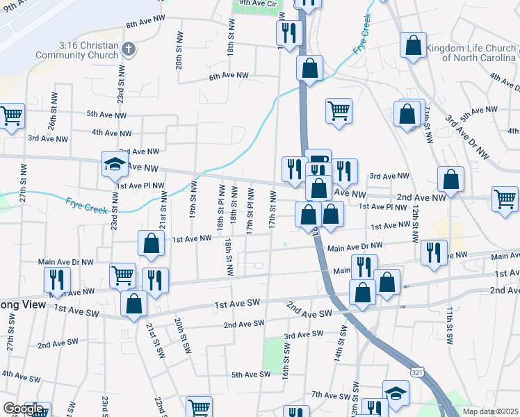 map of restaurants, bars, coffee shops, grocery stores, and more near 145 17th Street Place Northwest in Hickory