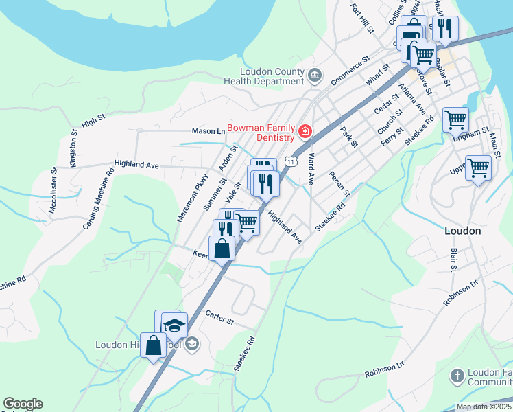 map of restaurants, bars, coffee shops, grocery stores, and more near 854 Mulberry Street in Loudon
