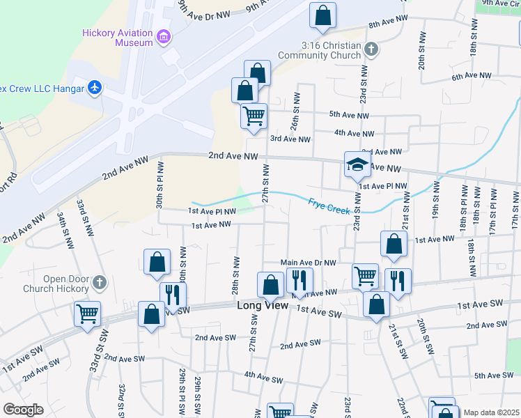 map of restaurants, bars, coffee shops, grocery stores, and more near 125 27th Street Northwest in Hickory