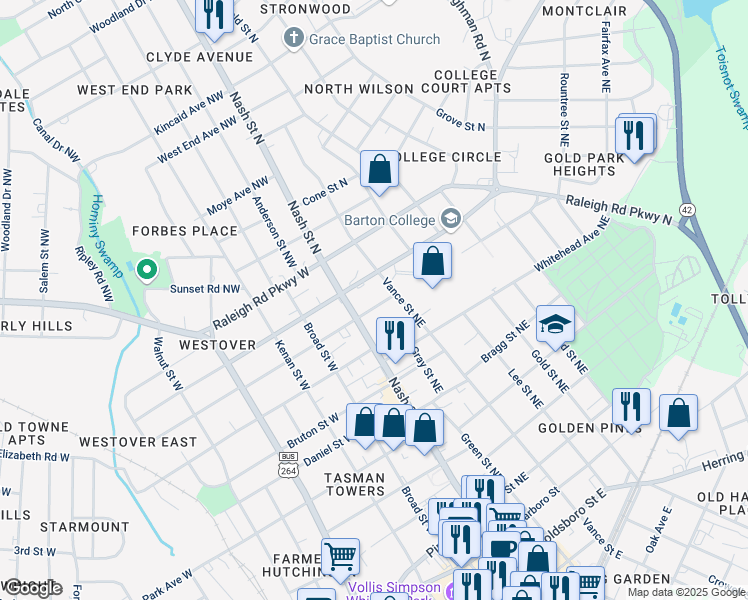 map of restaurants, bars, coffee shops, grocery stores, and more near 107 Rountree Street Northeast in Wilson