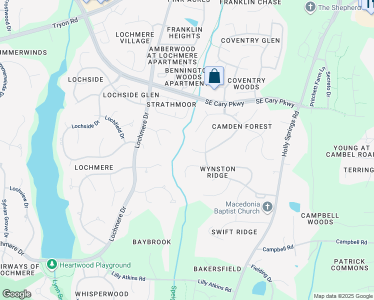 map of restaurants, bars, coffee shops, grocery stores, and more near 211 West Camden Forest Drive in Cary