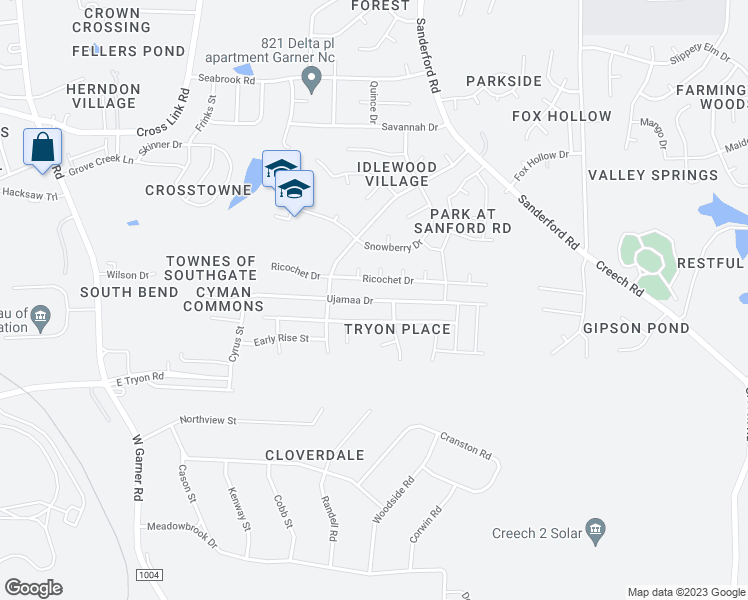 map of restaurants, bars, coffee shops, grocery stores, and more near 1349 Ujamaa Drive in Raleigh