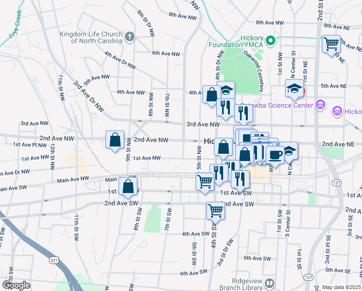 map of restaurants, bars, coffee shops, grocery stores, and more near 605 2nd Avenue Northwest in Hickory