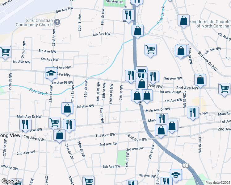 map of restaurants, bars, coffee shops, grocery stores, and more near 160 17th Street Place Northwest in Hickory