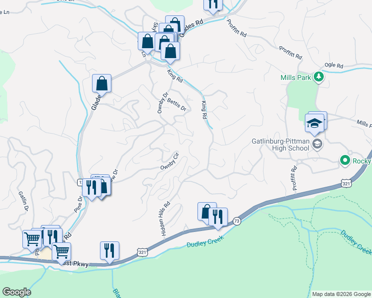 map of restaurants, bars, coffee shops, grocery stores, and more near 273 Stott Lane in Gatlinburg