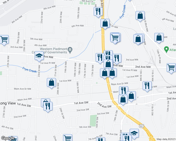 map of restaurants, bars, coffee shops, grocery stores, and more near 160 17th Street Place Northwest in Hickory