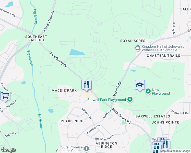 map of restaurants, bars, coffee shops, grocery stores, and more near 2634 Lignite Trail in Raleigh