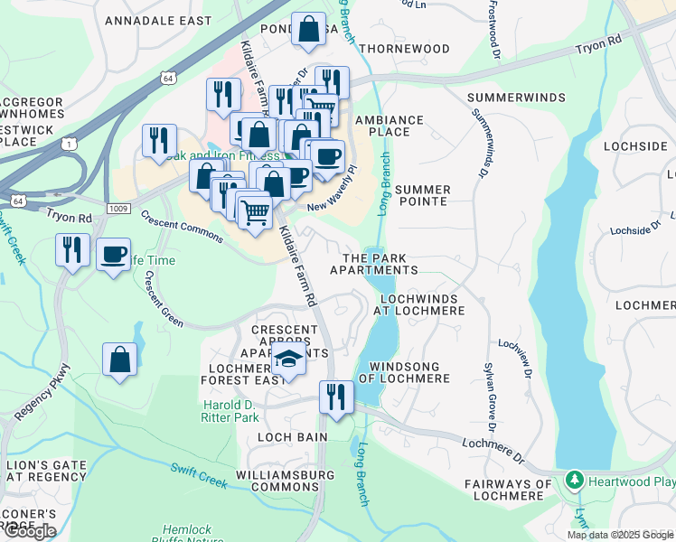map of restaurants, bars, coffee shops, grocery stores, and more near 116 Long Shadow Lane in Cary
