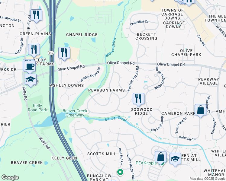 map of restaurants, bars, coffee shops, grocery stores, and more near 1206 Patterson Grove Road in Apex