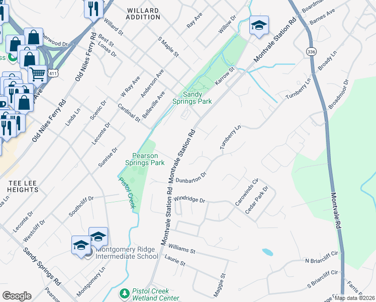 map of restaurants, bars, coffee shops, grocery stores, and more near 1434 Montvale Station Road in Maryville