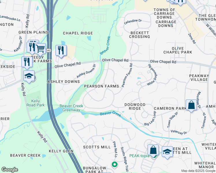 map of restaurants, bars, coffee shops, grocery stores, and more near 1206 Patterson Grove Road in Apex