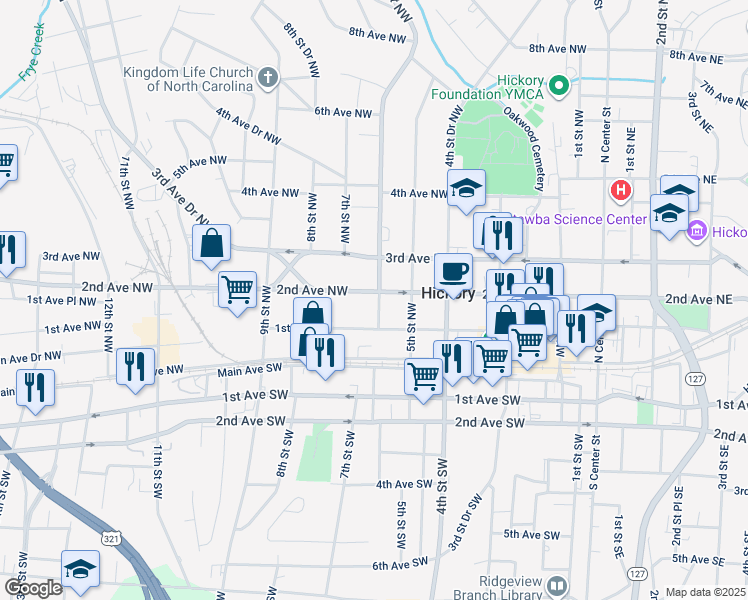 map of restaurants, bars, coffee shops, grocery stores, and more near 605 2nd Avenue Northwest in Hickory
