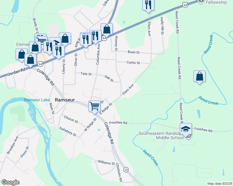 map of restaurants, bars, coffee shops, grocery stores, and more near 338 East Ridge Street in Ramseur