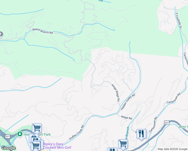 map of restaurants, bars, coffee shops, grocery stores, and more near 806 Beanstalk Rd in Gatlinburg