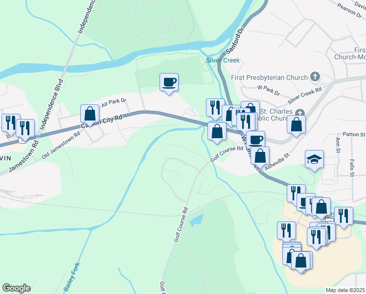 map of restaurants, bars, coffee shops, grocery stores, and more near Creekside Drive in Morganton