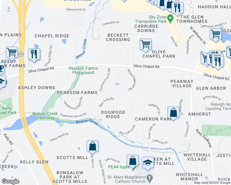 map of restaurants, bars, coffee shops, grocery stores, and more near 3010 Silky Dogwood Trail in Apex