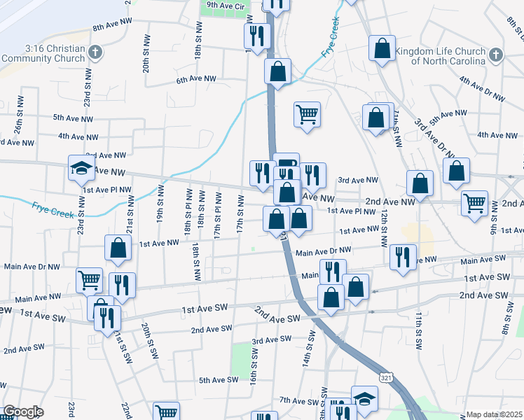 map of restaurants, bars, coffee shops, grocery stores, and more near 1611 1st Avenue Place Northwest in Hickory