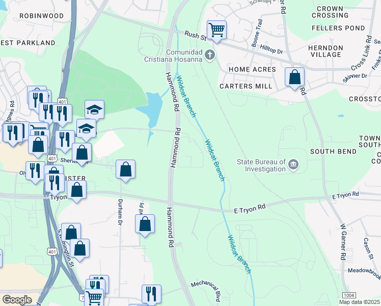 map of restaurants, bars, coffee shops, grocery stores, and more near 3301 Hammond Road in Raleigh