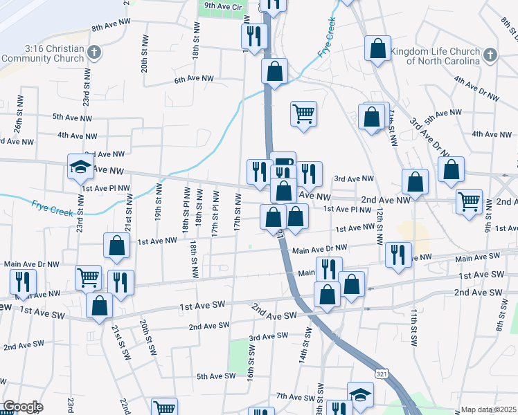 map of restaurants, bars, coffee shops, grocery stores, and more near 1611 1st Avenue Place Northwest in Hickory