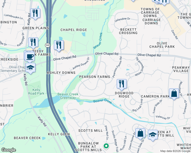 map of restaurants, bars, coffee shops, grocery stores, and more near 1204 Patterson Grove Road in Apex