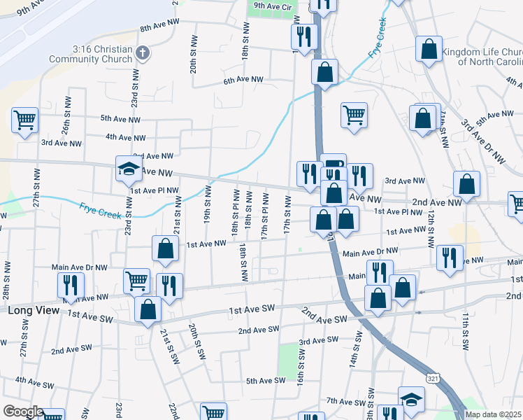 map of restaurants, bars, coffee shops, grocery stores, and more near 145 17th Street Place Northwest in Hickory