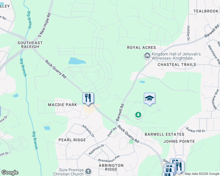 map of restaurants, bars, coffee shops, grocery stores, and more near 3716 Barwell Road in Raleigh