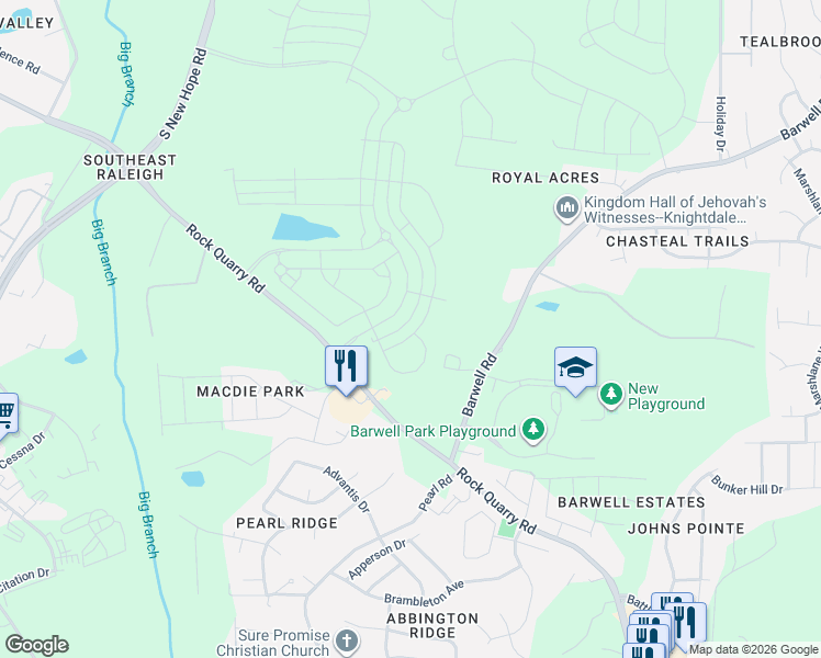 map of restaurants, bars, coffee shops, grocery stores, and more near 2634 Lignite Trail in Raleigh