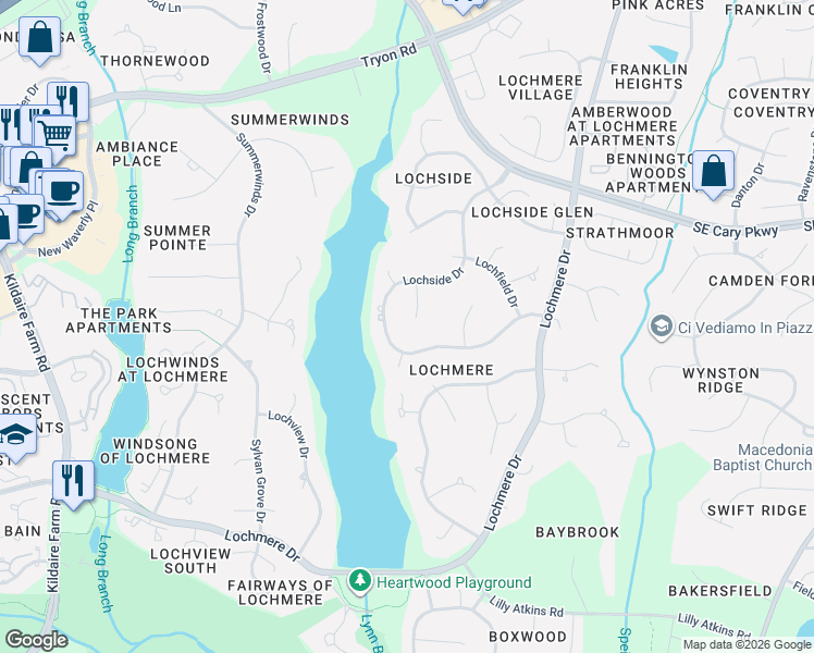 map of restaurants, bars, coffee shops, grocery stores, and more near 106 Woodhue Lane in Cary