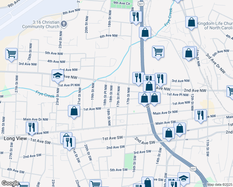 map of restaurants, bars, coffee shops, grocery stores, and more near 145 17th Street Place Northwest in Hickory