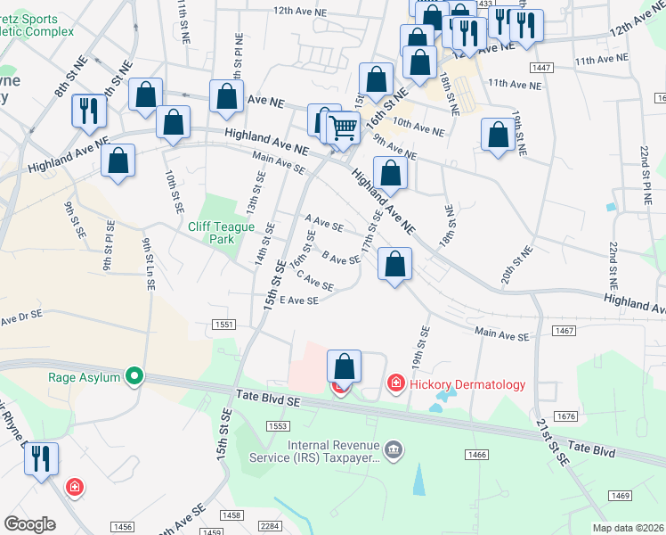 map of restaurants, bars, coffee shops, grocery stores, and more near 1634 B Avenue Southeast in Hickory