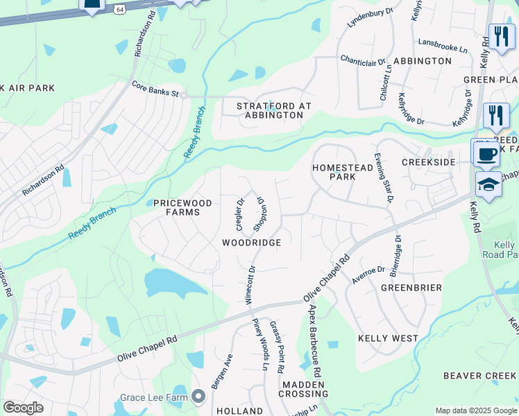 map of restaurants, bars, coffee shops, grocery stores, and more near 3103 Shopton Drive in Apex