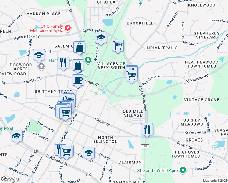 map of restaurants, bars, coffee shops, grocery stores, and more near 620 Laura Duncan Road in Apex