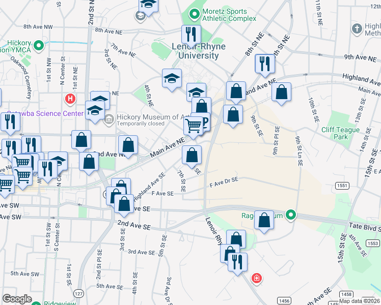 map of restaurants, bars, coffee shops, grocery stores, and more near 820 Highland Avenue Southeast in Hickory