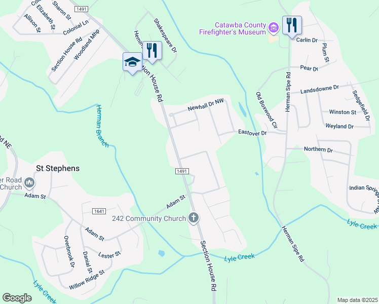 map of restaurants, bars, coffee shops, grocery stores, and more near 1662 Tanglewood Drive in Hickory