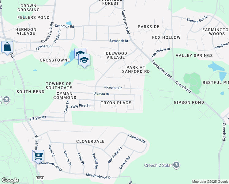 map of restaurants, bars, coffee shops, grocery stores, and more near 1349 Ujamaa Drive in Raleigh