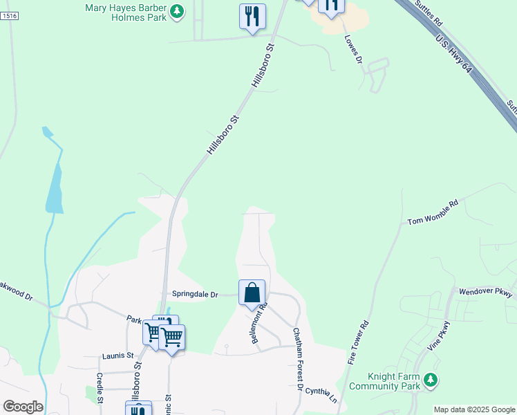 map of restaurants, bars, coffee shops, grocery stores, and more near 36 Bellemont Ridge Road in Pittsboro