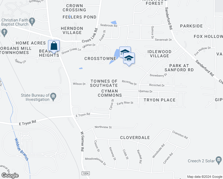 map of restaurants, bars, coffee shops, grocery stores, and more near 941 Ujamaa Drive in Raleigh