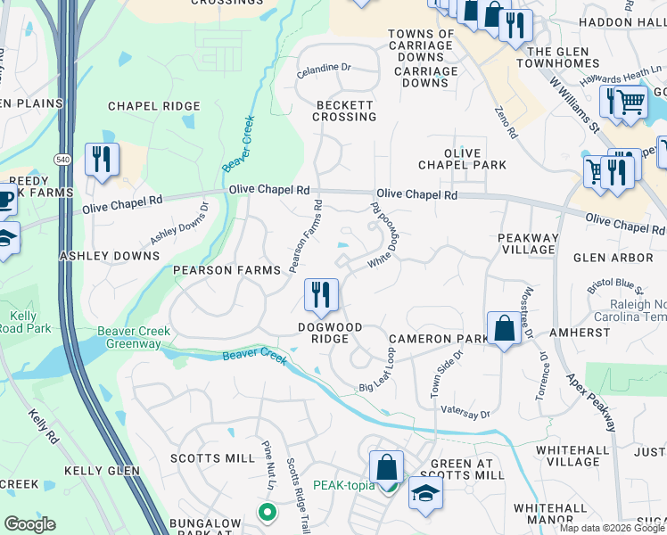 map of restaurants, bars, coffee shops, grocery stores, and more near 3016 Silky Dogwood Trail in Apex