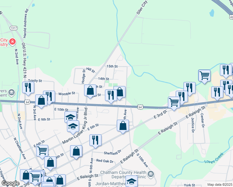 map of restaurants, bars, coffee shops, grocery stores, and more near 1109 12th Street in Siler City