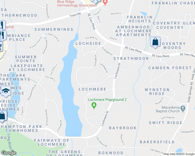 map of restaurants, bars, coffee shops, grocery stores, and more near 104 Rustic Wood Lane in Cary