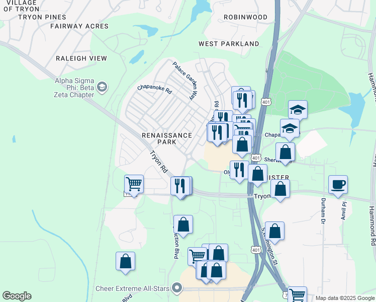 map of restaurants, bars, coffee shops, grocery stores, and more near 1376 Ileagnes Road in Raleigh