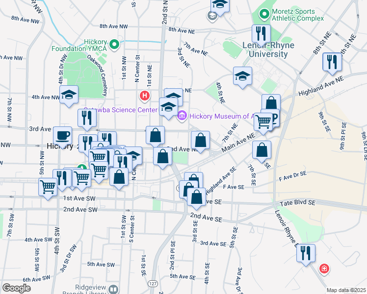 map of restaurants, bars, coffee shops, grocery stores, and more near 257 2nd Avenue Northeast in Hickory