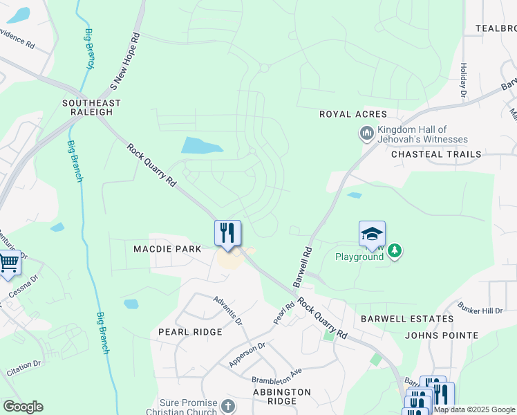 map of restaurants, bars, coffee shops, grocery stores, and more near 5401 Rock Quarry Road in Raleigh