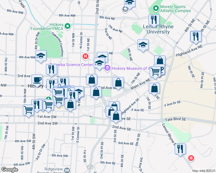 map of restaurants, bars, coffee shops, grocery stores, and more near 257 2nd Avenue Northeast in Hickory