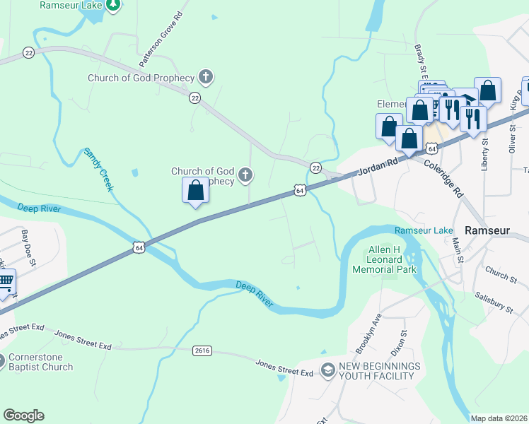 map of restaurants, bars, coffee shops, grocery stores, and more near 112 Greenhill Road in Ramseur