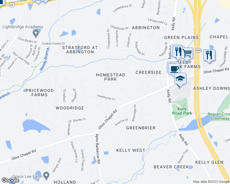 map of restaurants, bars, coffee shops, grocery stores, and more near 405 Homestead Park Drive in Apex