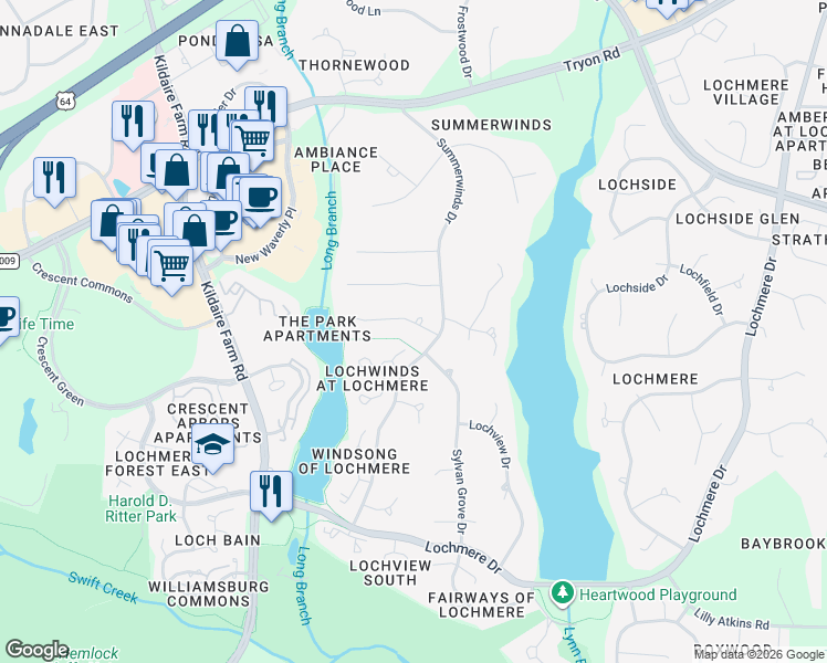 map of restaurants, bars, coffee shops, grocery stores, and more near 103 Loch Haven Lane in Cary