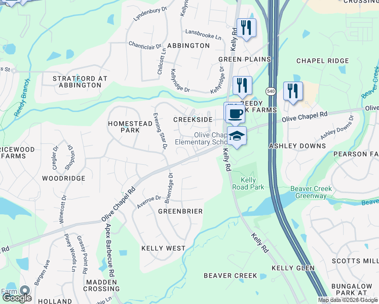 map of restaurants, bars, coffee shops, grocery stores, and more near 2302 Valley Rush Drive in Apex