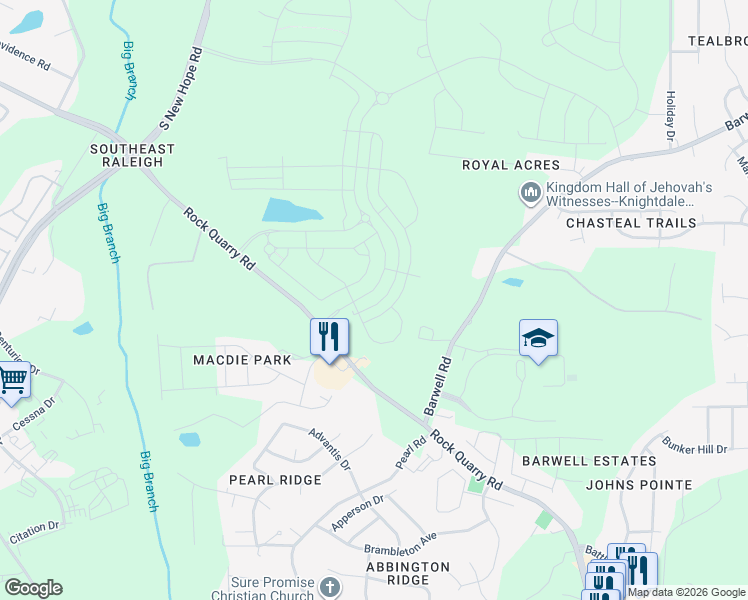 map of restaurants, bars, coffee shops, grocery stores, and more near 2634 Lignite Trail in Raleigh