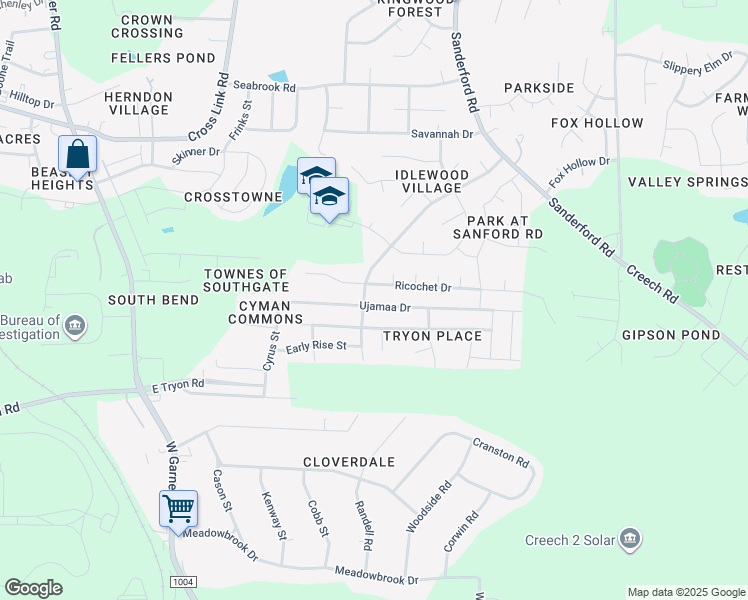 map of restaurants, bars, coffee shops, grocery stores, and more near 1217 Ujamaa Drive in Raleigh